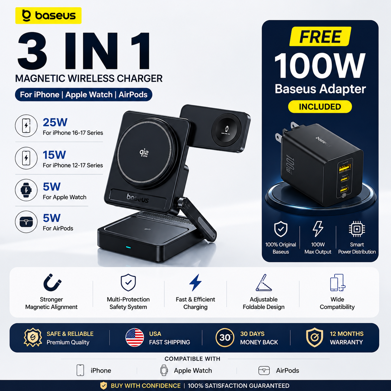 Baseus™ Elite 3-in-1 Magnetic Wireless Charging Station + FREE 100W GaN Adapter